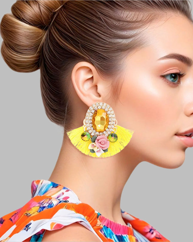 Women's Stud Earrings Elegant Gold Metal with Oval Yellow Crystal and Pave Rhinestone Halo Studs Featuring Yellow Silk Fan Tassel, Gold Metal Filigree, Multi Color Rhinestones, and 3D Acrylic Floral Detailing. Post Backing.