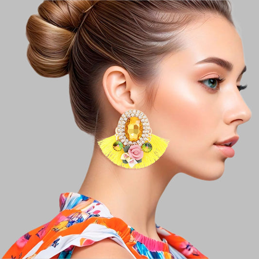 Women's Stud Earrings Elegant Gold Metal with Oval Yellow Crystal and Pave Rhinestone Halo Studs Featuring Yellow Silk Fan Tassel, Gold Metal Filigree, Multi Color Rhinestones, and 3D Acrylic Floral Detailing. Post Backing.
