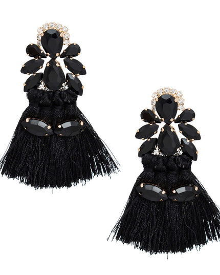 Women's Tassel Earrings Gold with Black Crystal Earrings Featuring 4 Tied Silk Thread Tassel Details. Post Backing.