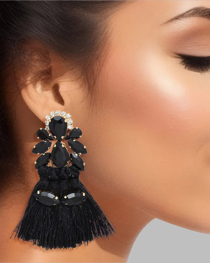 Women's Tassel Earrings Gold with Black Crystal Earrings Featuring 4 Tied Silk Thread Tassel Details. Post Backing.