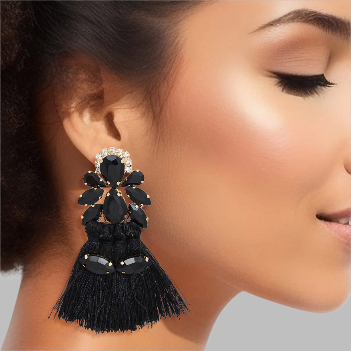 Women's Tassel Earrings Gold with Black Crystal Earrings Featuring 4 Tied Silk Thread Tassel Details. Post Backing.