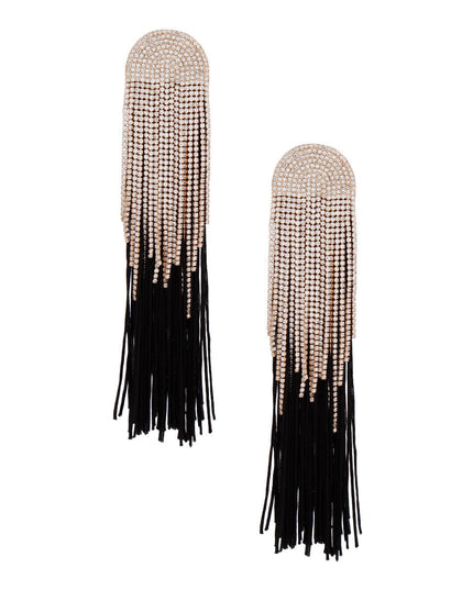 Women's Tassel Earrings Long Shoulder Duster Black Silky Tassel Earrings Featuring Arched Gold and Pave Clear Rhinestone Vintage Art Deco Top Detail with Rhinestone Fringe. Post Backing.