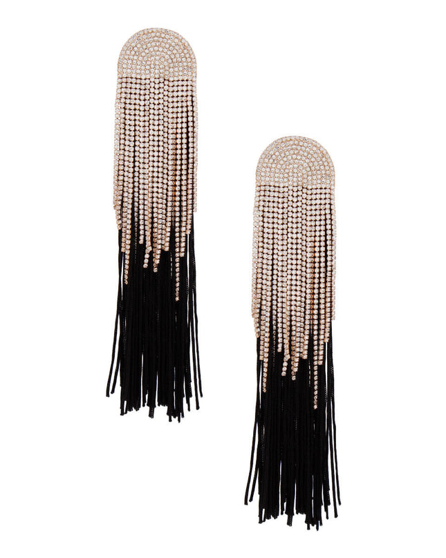 Women's Tassel Earrings Long Shoulder Duster Black Silky Tassel Earrings Featuring Arched Gold and Pave Clear Rhinestone Vintage Art Deco Top Detail with Rhinestone Fringe. Post Backing.