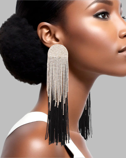 Women's Tassel Earrings Long Shoulder Duster Black Silky Tassel Earrings Featuring Arched Gold and Pave Clear Rhinestone Vintage Art Deco Top Detail with Rhinestone Fringe. Post Backing.