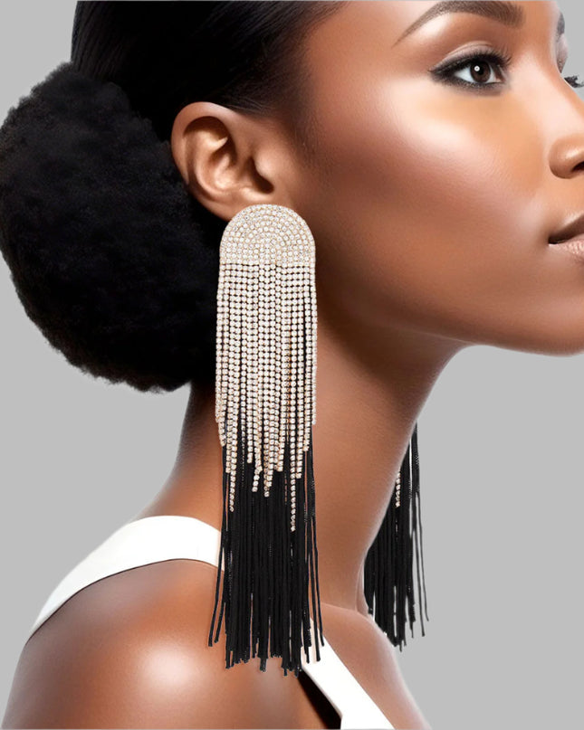 Women's Tassel Earrings Long Shoulder Duster Black Silky Tassel Earrings Featuring Arched Gold and Pave Clear Rhinestone Vintage Art Deco Top Detail with Rhinestone Fringe. Post Backing.