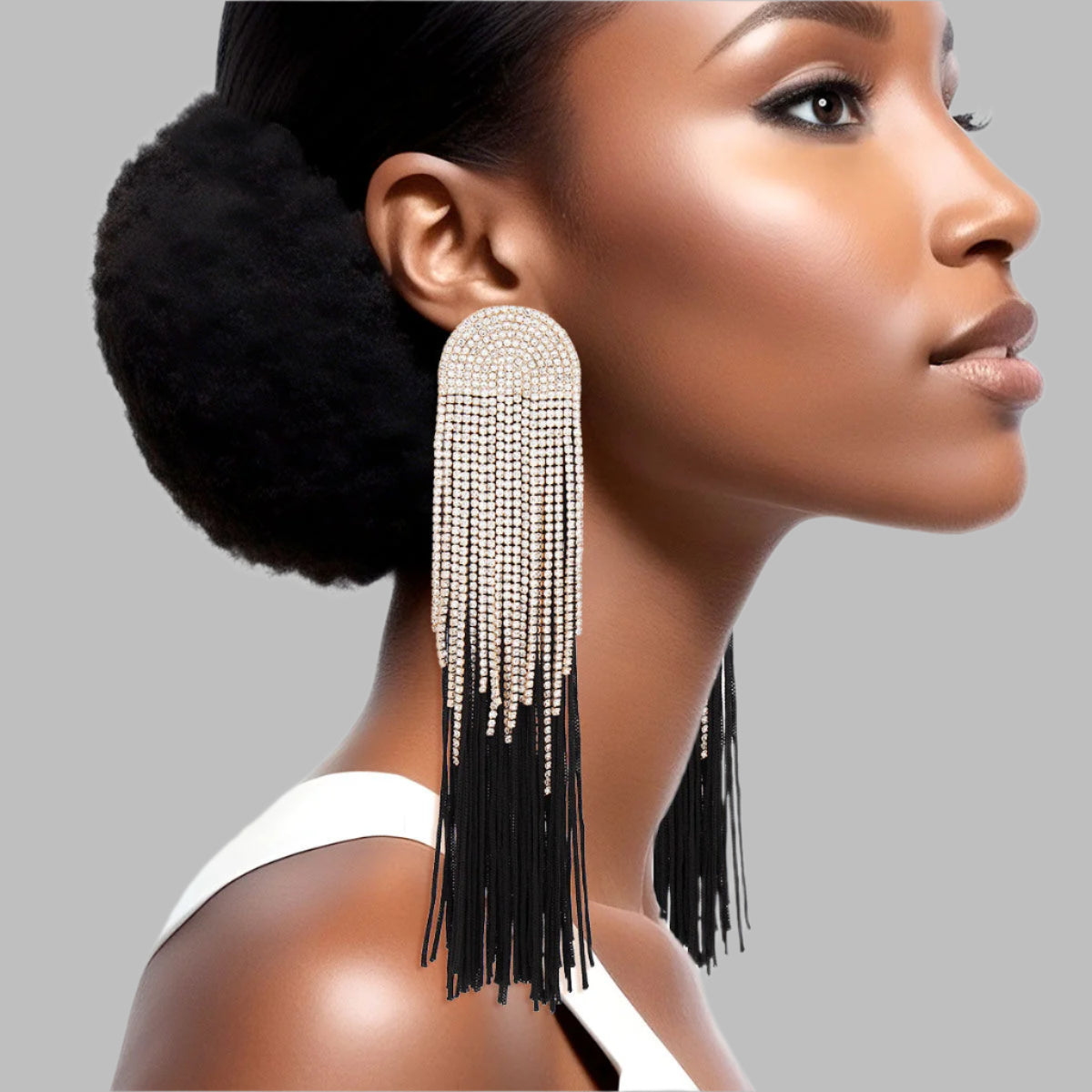 Women's Tassel Earrings Long Shoulder Duster Black Silky Tassel Earrings Featuring Arched Gold and Pave Clear Rhinestone Vintage Art Deco Top Detail with Rhinestone Fringe. Post Backing.