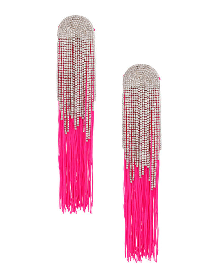 Women's Tassel Earrings Long Shoulder Duster Fuchsia Silky Tassel Earrings Featuring Arched Silver and Pave Clear Rhinestone Vintage Art Deco Top Detail with Rhinestone Fringe. Post Backing.