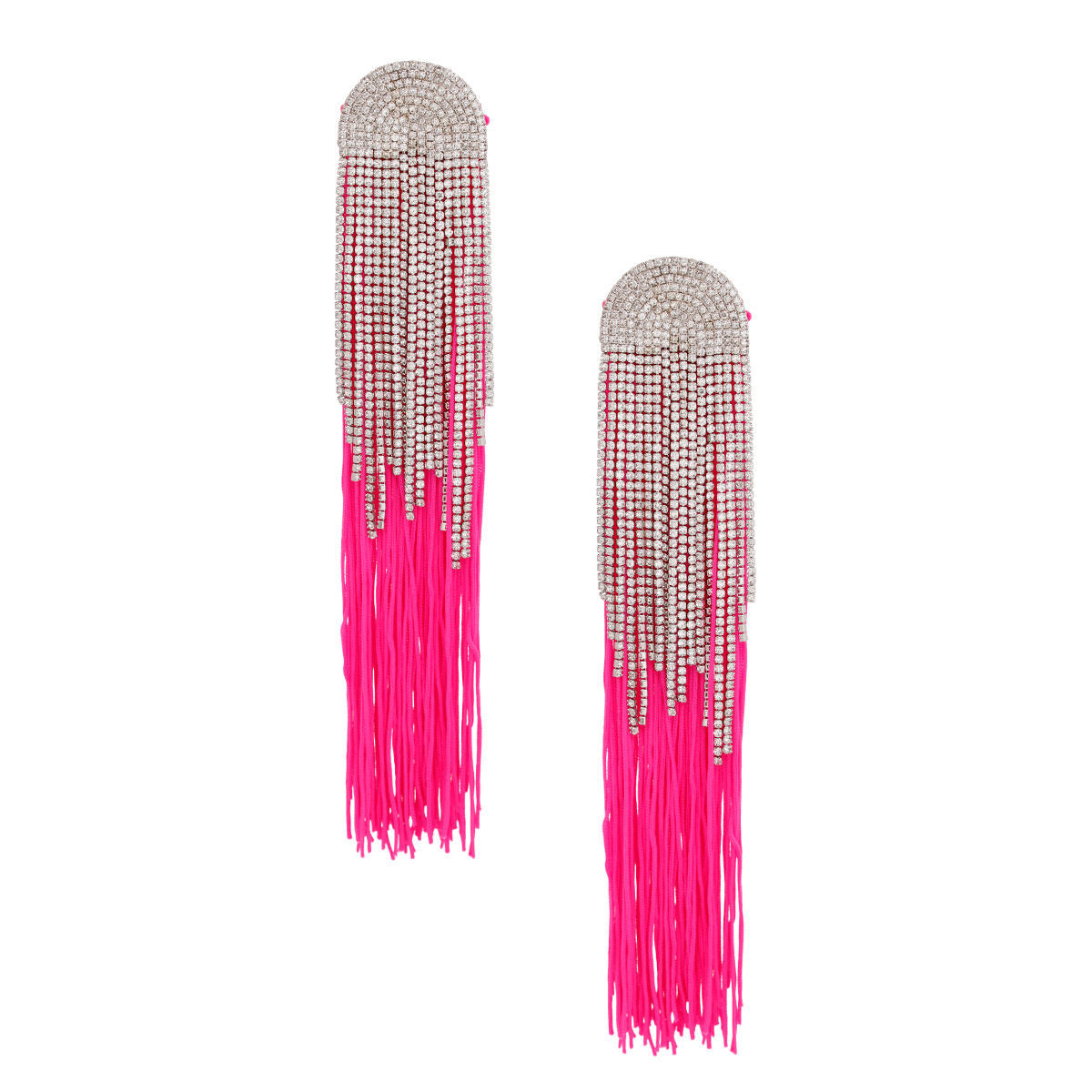 Women's Tassel Earrings Long Shoulder Duster Fuchsia Silky Tassel Earrings Featuring Arched Silver and Pave Clear Rhinestone Vintage Art Deco Top Detail with Rhinestone Fringe. Post Backing.