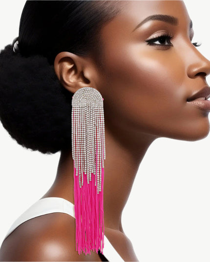 Women's Tassel Earrings Long Shoulder Duster Fuchsia Silky Tassel Earrings Featuring Arched Silver and Pave Clear Rhinestone Vintage Art Deco Top Detail with Rhinestone Fringe. Post Backing.