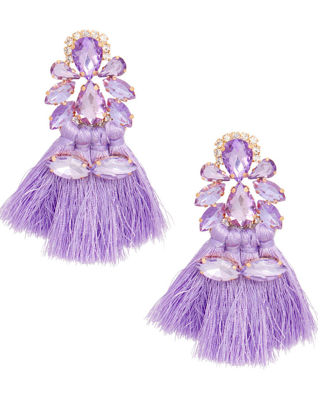 Women's Tassel Earrings Gold with Lavender Crystal Earrings Featuring 4 Tied Silk Thread Tassel Details. Post Backing.
