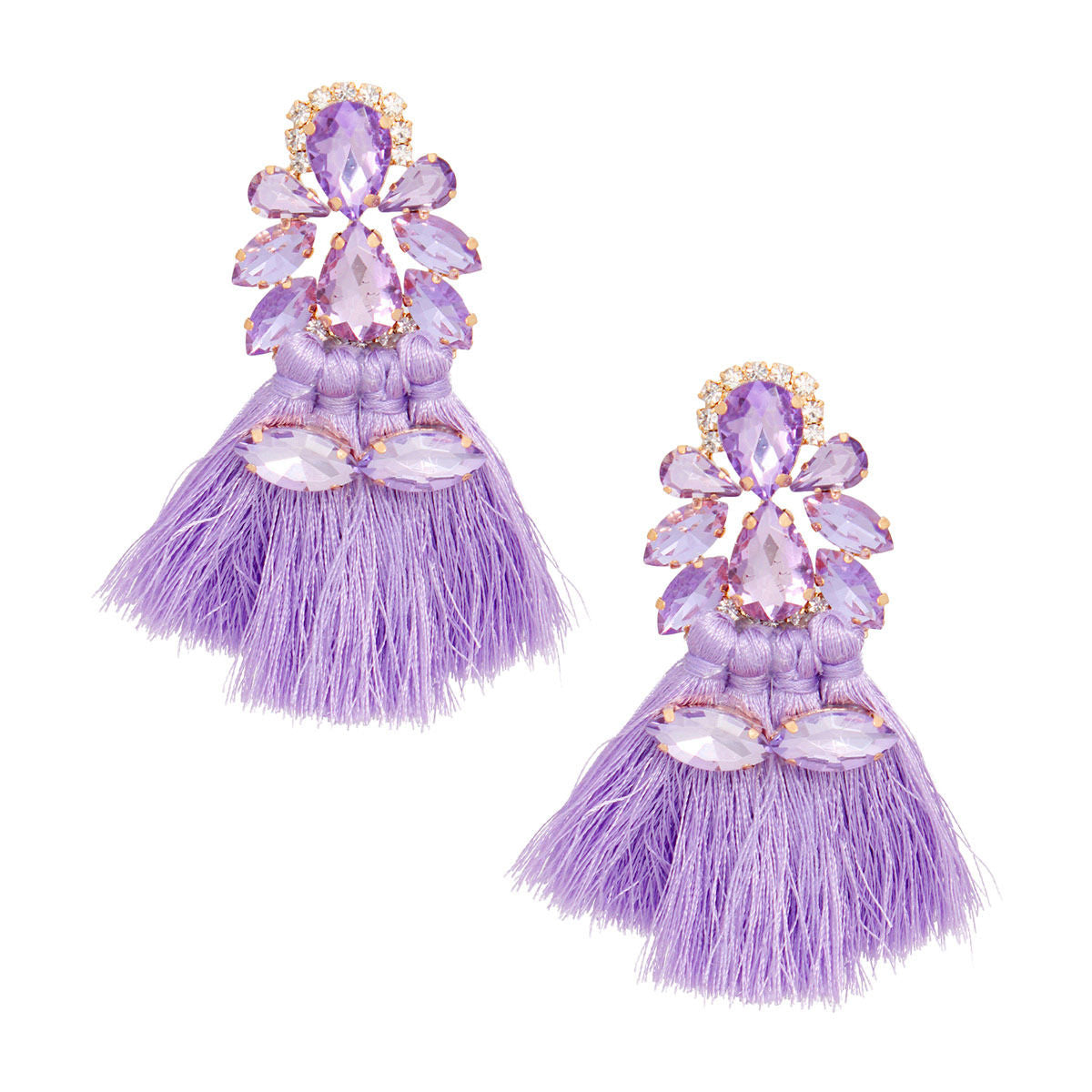 Women's Tassel Earrings Gold with Lavender Crystal Earrings Featuring 4 Tied Silk Thread Tassel Details. Post Backing.