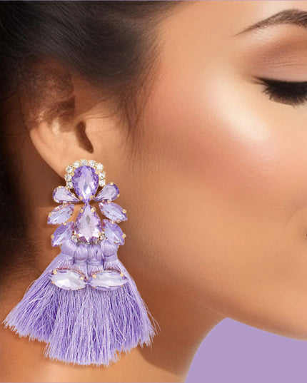 Women's Tassel Earrings Gold with Lavender Crystal Earrings Featuring 4 Tied Silk Thread Tassel Details. Post Backing.