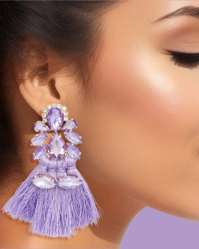 Women's Tassel Earrings Gold with Lavender Crystal Earrings Featuring 4 Tied Silk Thread Tassel Details. Post Backing.