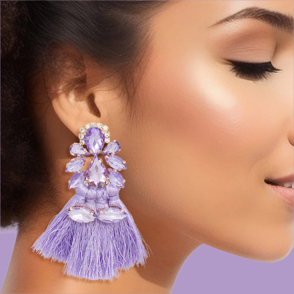 Women's Tassel Earrings Gold with Lavender Crystal Earrings Featuring 4 Tied Silk Thread Tassel Details. Post Backing.