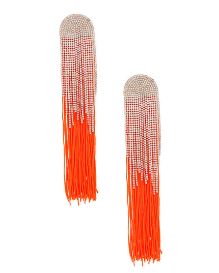 Women's Tassel Earrings Long Shoulder Duster Bright Orange Silky Tassel Earrings Featuring Arched Gold and Pave Clear Rhinestone Vintage Art Deco Top Detail with Rhinestone Fringe. Post Backing.