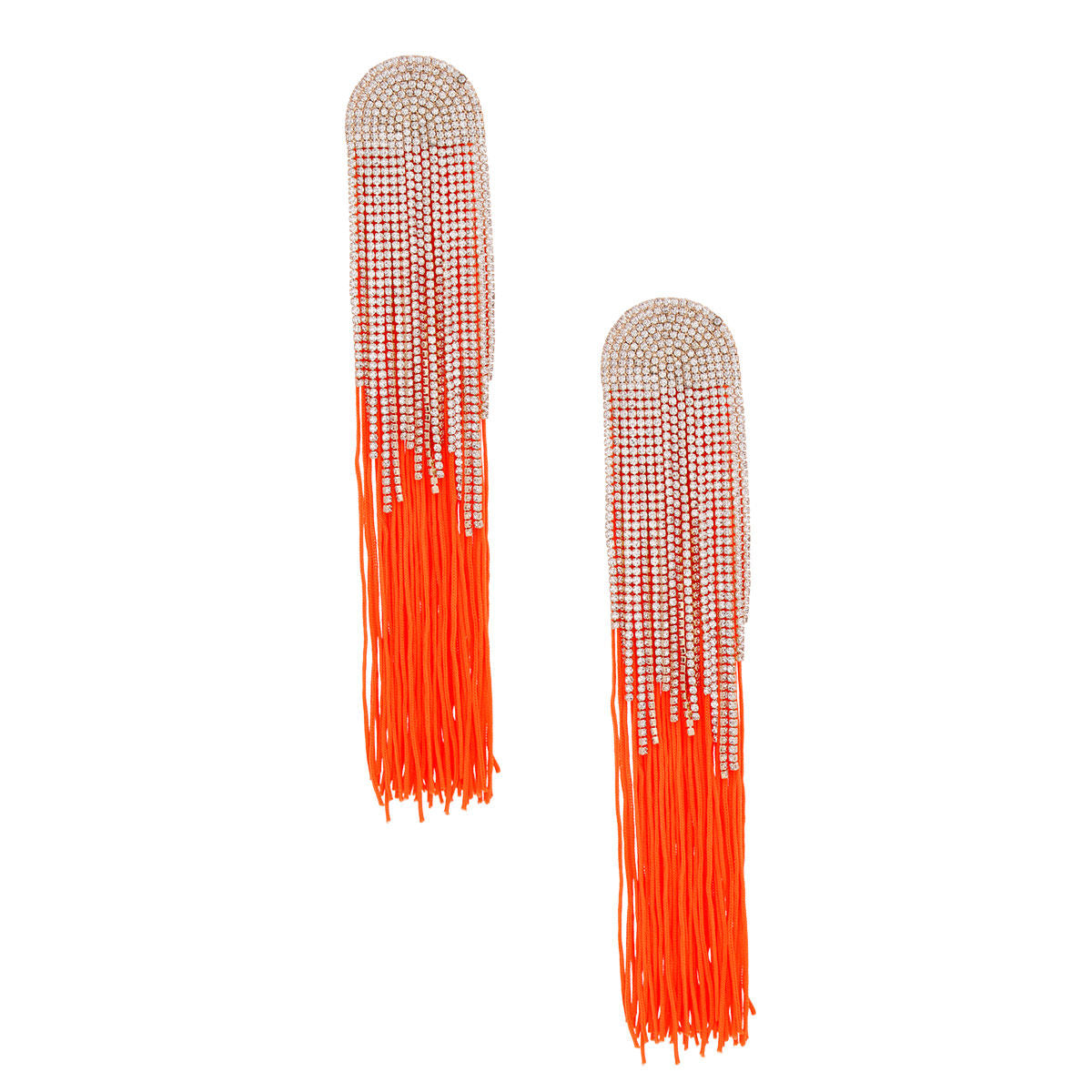 Women's Tassel Earrings Long Shoulder Duster Bright Orange Silky Tassel Earrings Featuring Arched Gold and Pave Clear Rhinestone Vintage Art Deco Top Detail with Rhinestone Fringe. Post Backing.