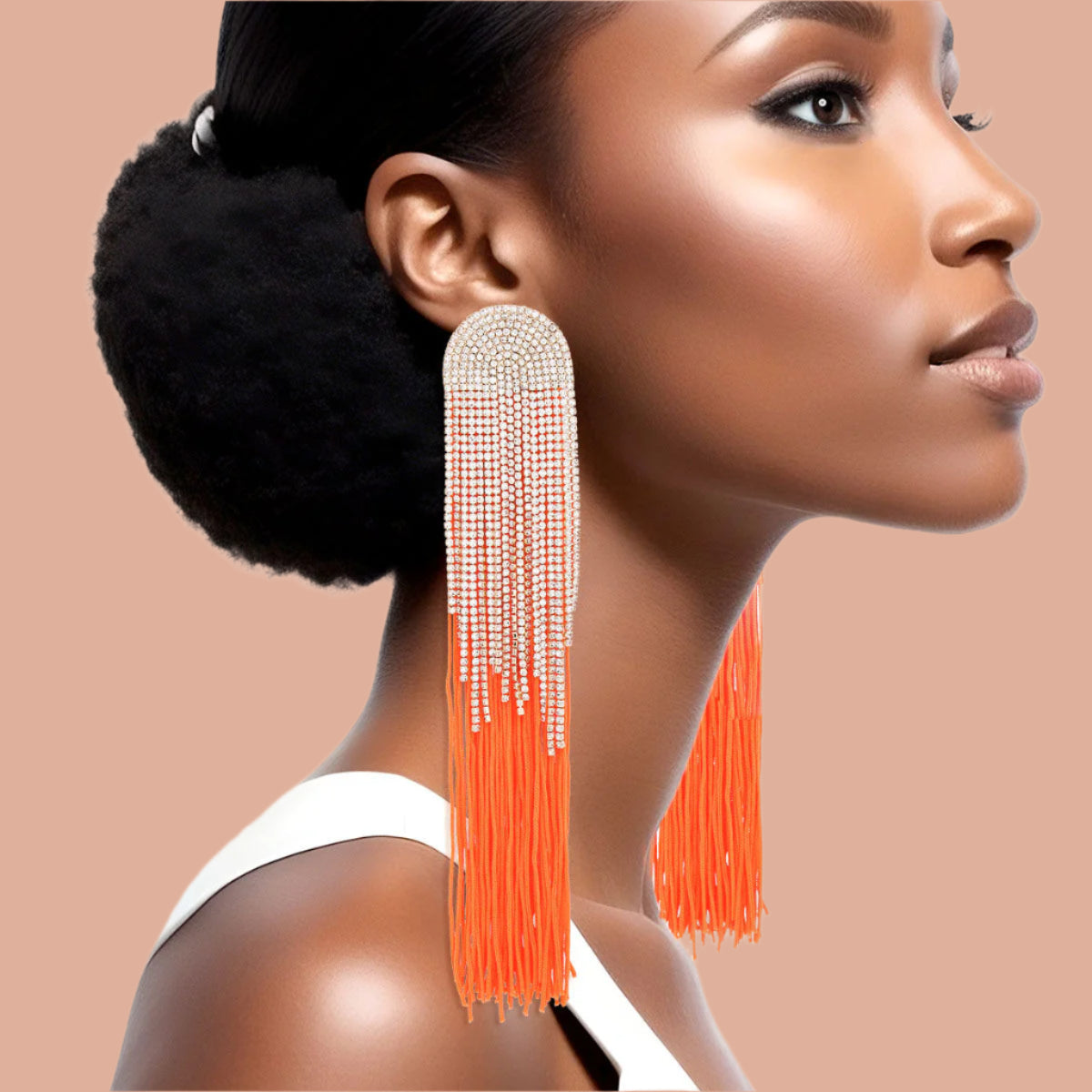 Women's Tassel Earrings Long Shoulder Duster Bright Orange Silky Tassel Earrings Featuring Arched Gold and Pave Clear Rhinestone Vintage Art Deco Top Detail with Rhinestone Fringe. Post Backing.