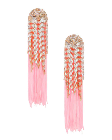 Women's Tassel Earrings Long Shoulder Duster Pink Silky Tassel Earrings Featuring Arched Gold and Pave Clear Rhinestone Vintage Art Deco Top Detail with Rhinestone Fringe. Post Backing.
