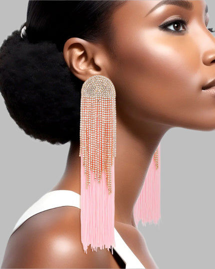 Women's Tassel Earrings Long Shoulder Duster Pink Silky Tassel Earrings Featuring Arched Gold and Pave Clear Rhinestone Vintage Art Deco Top Detail with Rhinestone Fringe. Post Backing.