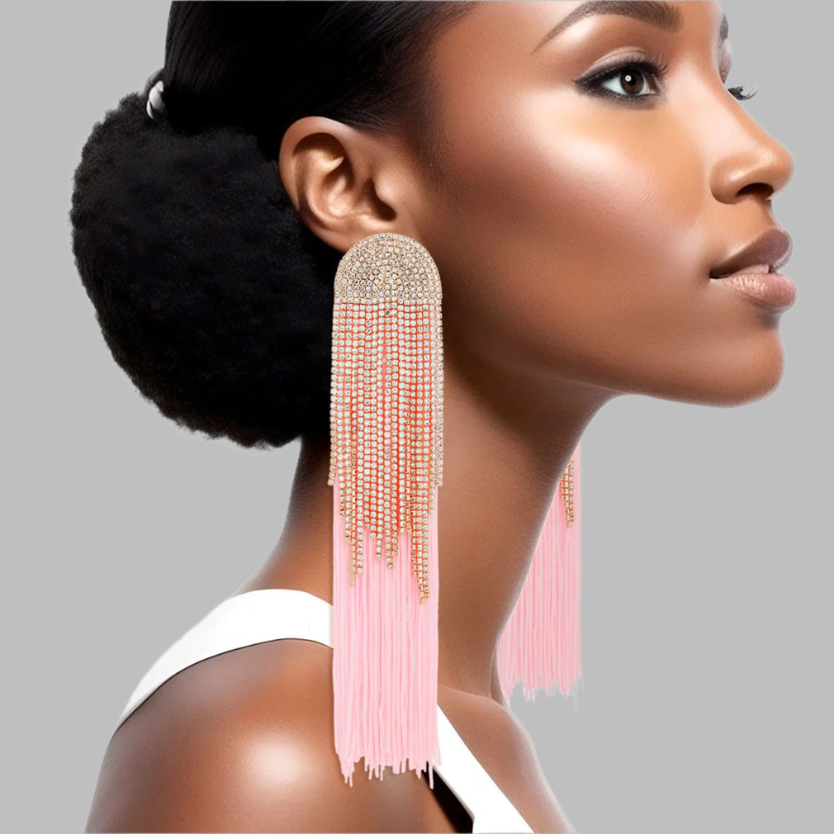 Women's Tassel Earrings Long Shoulder Duster Pink Silky Tassel Earrings Featuring Arched Gold and Pave Clear Rhinestone Vintage Art Deco Top Detail with Rhinestone Fringe. Post Backing.