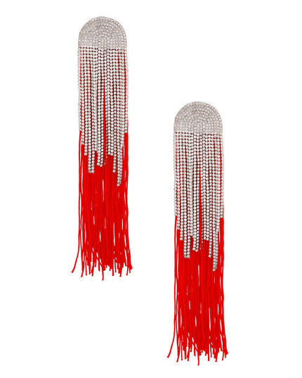 Women's Tassel Earrings Long Shoulder Duster Red Silky Tassel Earrings Featuring Arched Silver and Pave Clear Rhinestone Vintage Art Deco Top Detail with Rhinestone Fringe. Post Backing.