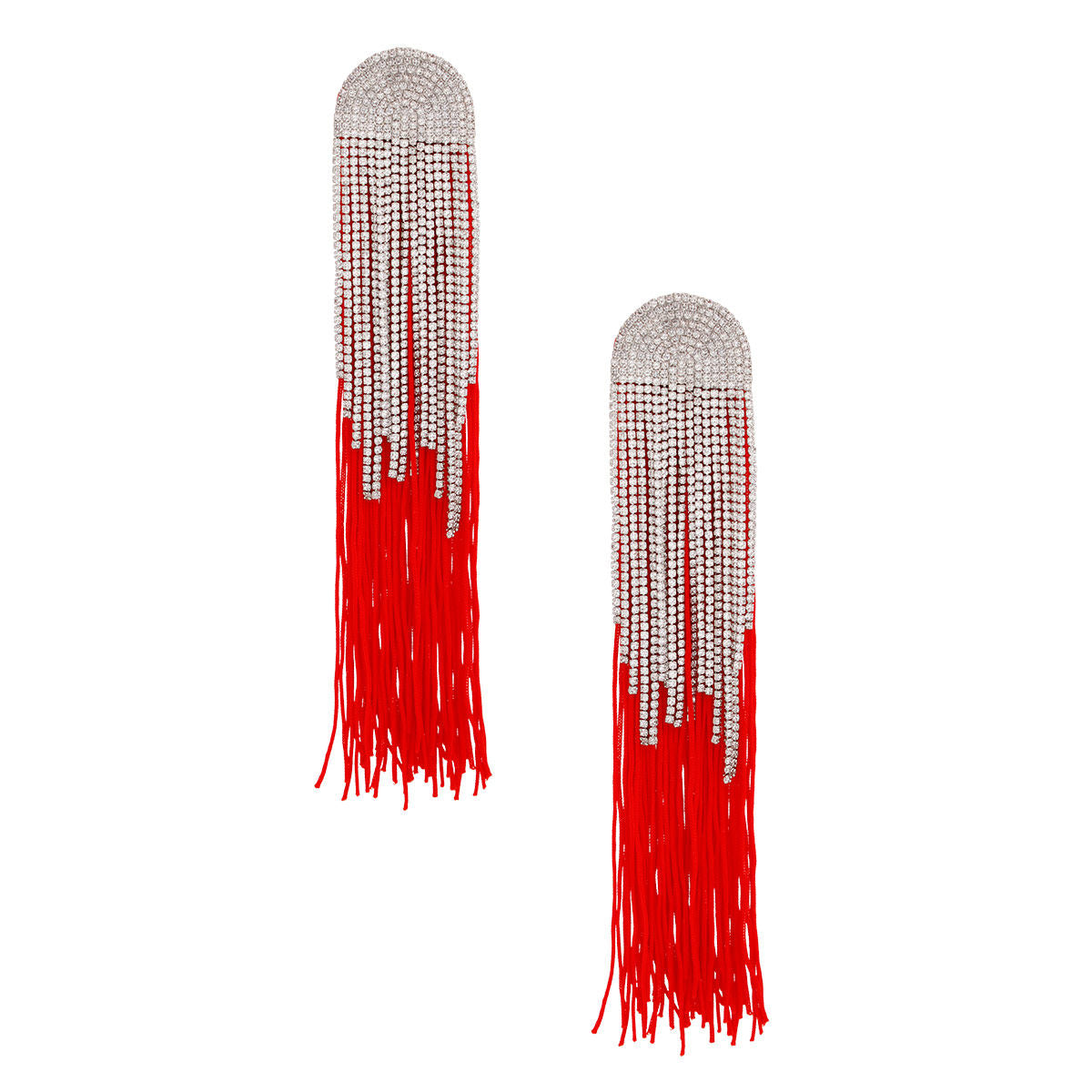 Women's Tassel Earrings Long Shoulder Duster Red Silky Tassel Earrings Featuring Arched Silver and Pave Clear Rhinestone Vintage Art Deco Top Detail with Rhinestone Fringe. Post Backing.