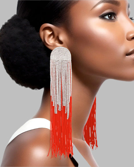 Women's Tassel Earrings Long Shoulder Duster Red Silky Tassel Earrings Featuring Arched Silver and Pave Clear Rhinestone Vintage Art Deco Top Detail with Rhinestone Fringe. Post Backing.
