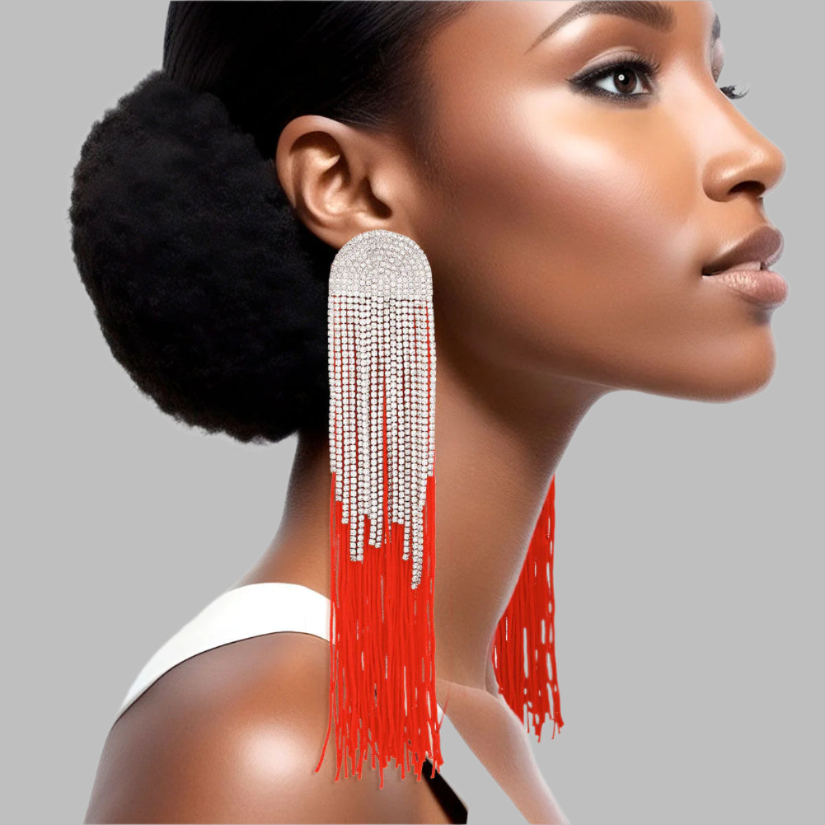 Women's Tassel Earrings Long Shoulder Duster Red Silky Tassel Earrings Featuring Arched Silver and Pave Clear Rhinestone Vintage Art Deco Top Detail with Rhinestone Fringe. Post Backing.