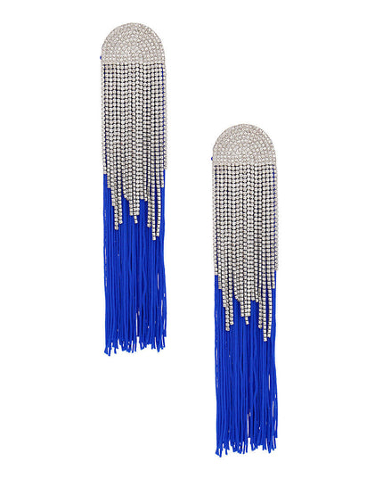 Women's Tassel Earrings Long Shoulder Duster Royal Blue Silky Tassel Earrings Featuring Arched Silver and Pave Clear Rhinestone Vintage Art Deco Top Detail with Rhinestone Fringe. Post Backing.
