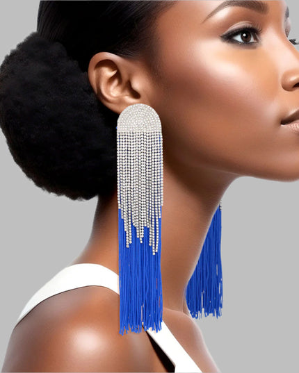 Women's Tassel Earrings Long Shoulder Duster Royal Blue Silky Tassel Earrings Featuring Arched Silver and Pave Clear Rhinestone Vintage Art Deco Top Detail with Rhinestone Fringe. Post Backing.