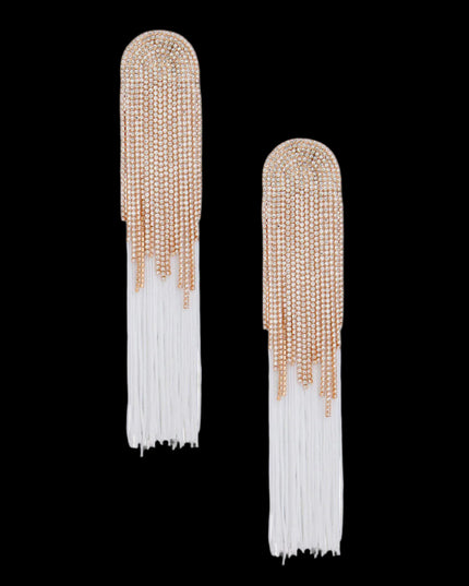 Women's Tassel Earrings Long Shoulder Duster White Silky Tassel Earrings Featuring Arched Gold and Pave Clear Rhinestone Vintage Art Deco Top Detail with Rhinestone Fringe. Post Backing.