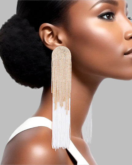 Women's Tassel Earrings Long Shoulder Duster White Silky Tassel Earrings Featuring Arched Gold and Pave Clear Rhinestone Vintage Art Deco Top Detail with Rhinestone Fringe. Post Backing.