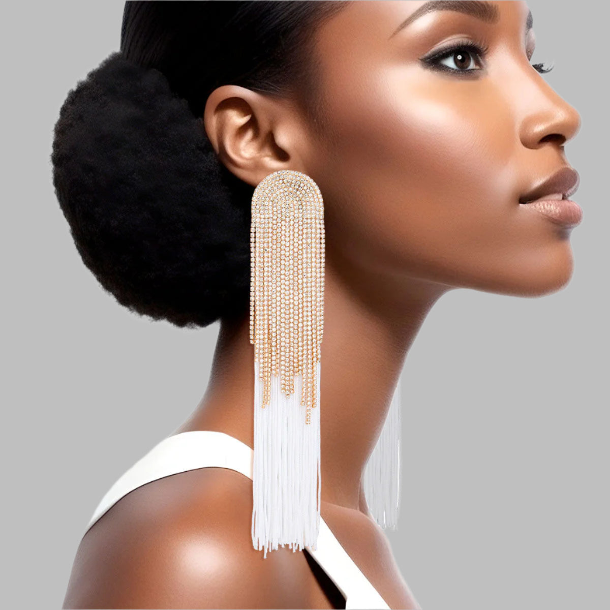 Women's Tassel Earrings Long Shoulder Duster White Silky Tassel Earrings Featuring Arched Gold and Pave Clear Rhinestone Vintage Art Deco Top Detail with Rhinestone Fringe. Post Backing.
