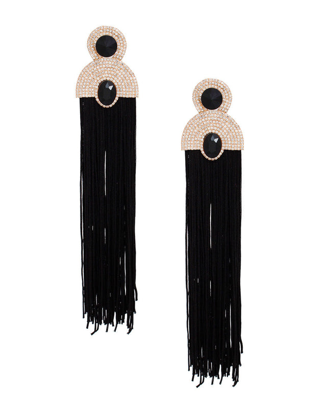Women's Tassel Earrings Long Shoulder Duster Black Silky Tassel Earrings Featuring Gold Vintage Art Deco Glam Clear Pave Rhinestones and Black Crystal Detailing. Post Backing.