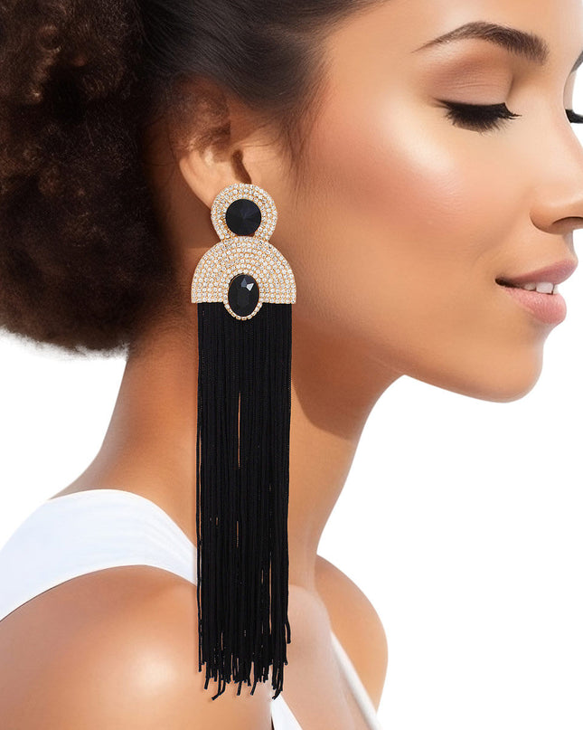 Women's Tassel Earrings Long Shoulder Duster Black Silky Tassel Earrings Featuring Gold Vintage Art Deco Glam Clear Pave Rhinestones and Black Crystal Detailing. Post Backing.