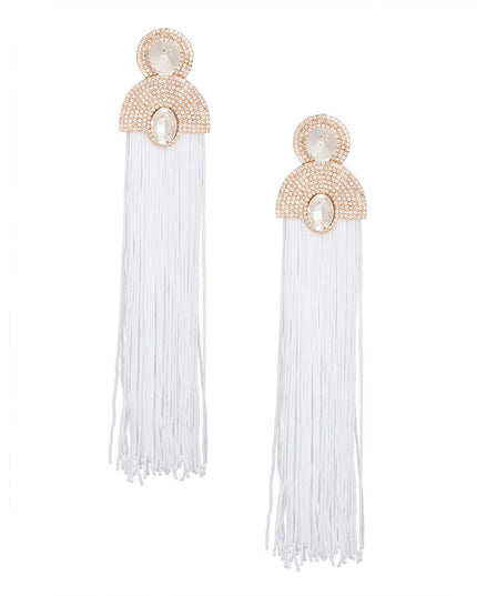 Women's Tassel Earrings Long Shoulder Duster White Silky Tassel Earrings Featuring Gold Vintage Art Deco Glam Clear Pave Rhinestones and Clear Crystal Detailing. Post Backing.
