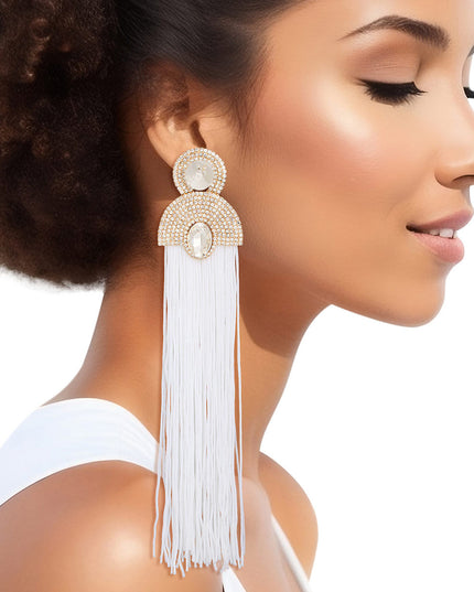 Women's Tassel Earrings Long Shoulder Duster White Silky Tassel Earrings Featuring Gold Vintage Art Deco Glam Clear Pave Rhinestones and Clear Crystal Detailing. Post Backing.