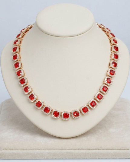 Tennis Red Cushion Cut Crystal Halo Luxe Necklace
