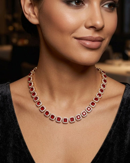 Tennis Red Cushion Cut Crystal Halo Luxe Necklace