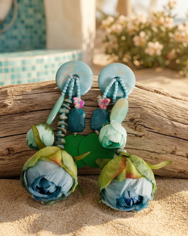 Turquoise Oversized Flower Butterfly Drop Earrings
