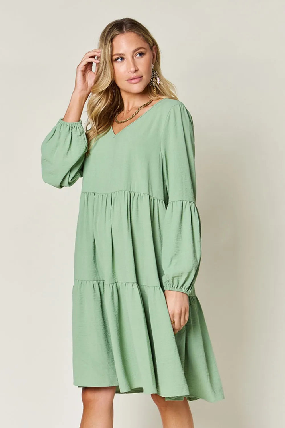 Light Green Long Sleeves Tiered Dress