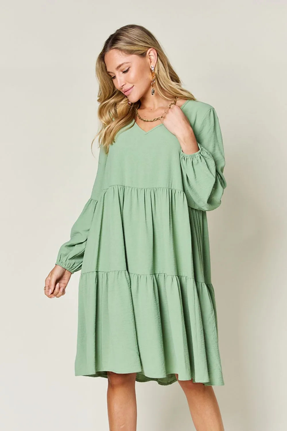 Light Green V-Neck Long Sleeve Tiered Dress