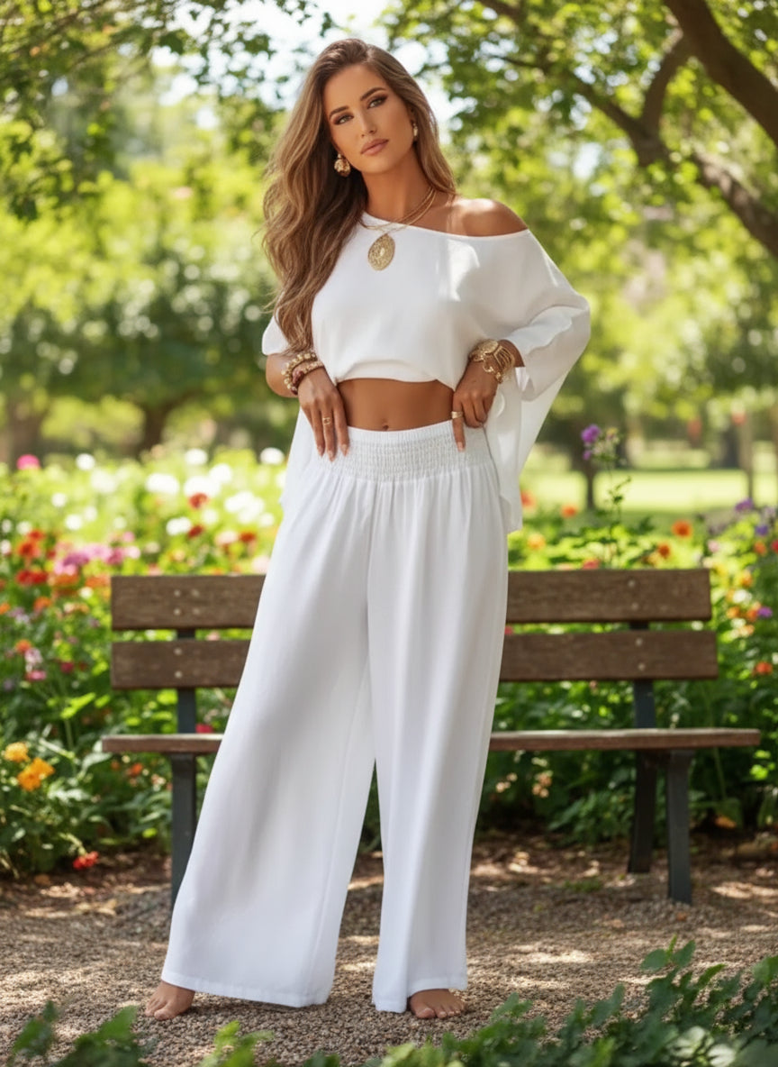 White boat neck top and wide leg pants