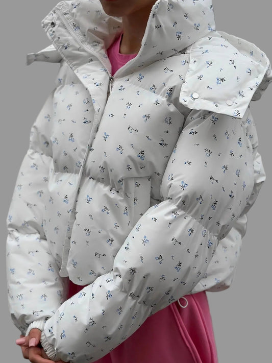 White puffer jacket with floral patterns 