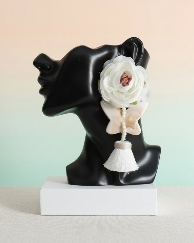White Oversized Flower Butterfly Tassel Earrings