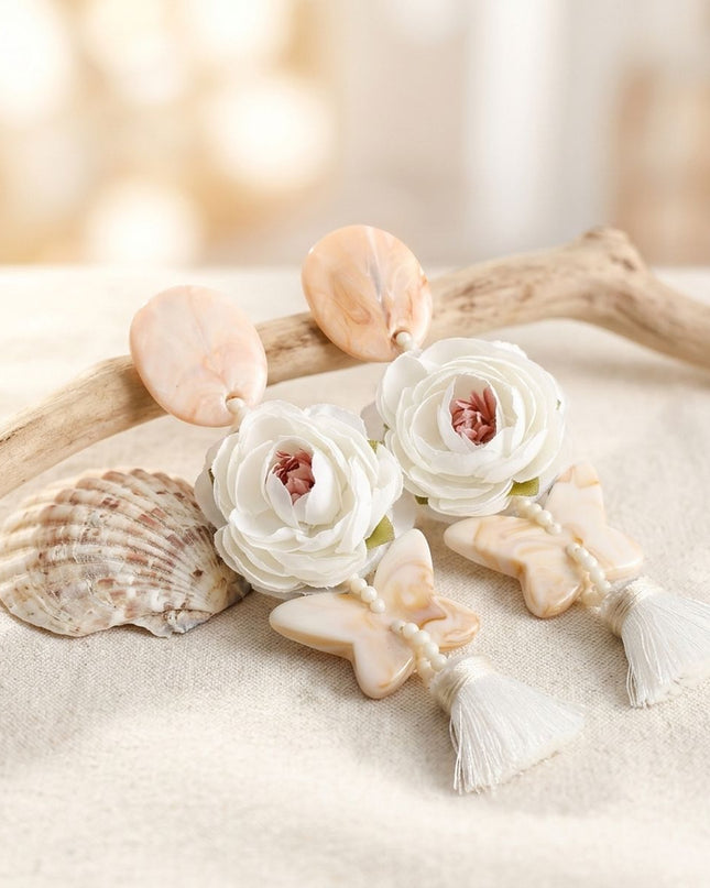 White Oversized Flower Butterfly Tassel Earrings