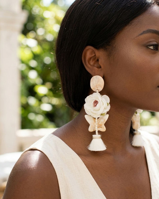 White Oversized Flower Butterfly Tassel Earrings