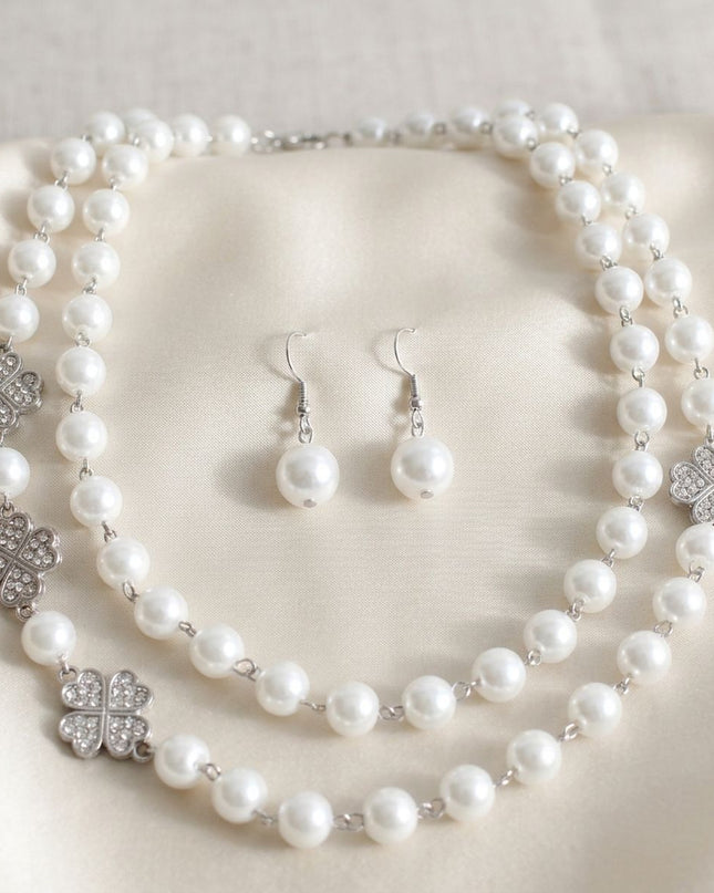 White Pearl Lucky Charm Layered Necklace Set