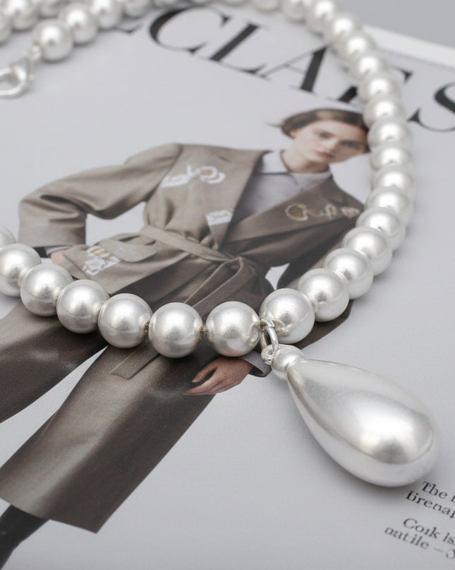 Bead Matte Silver Teardrop Pendant Double Necklace