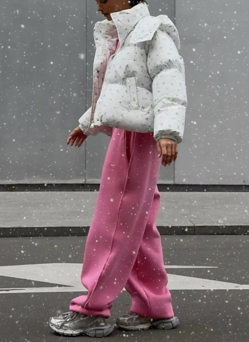 White puffer jacket with floral patterns 